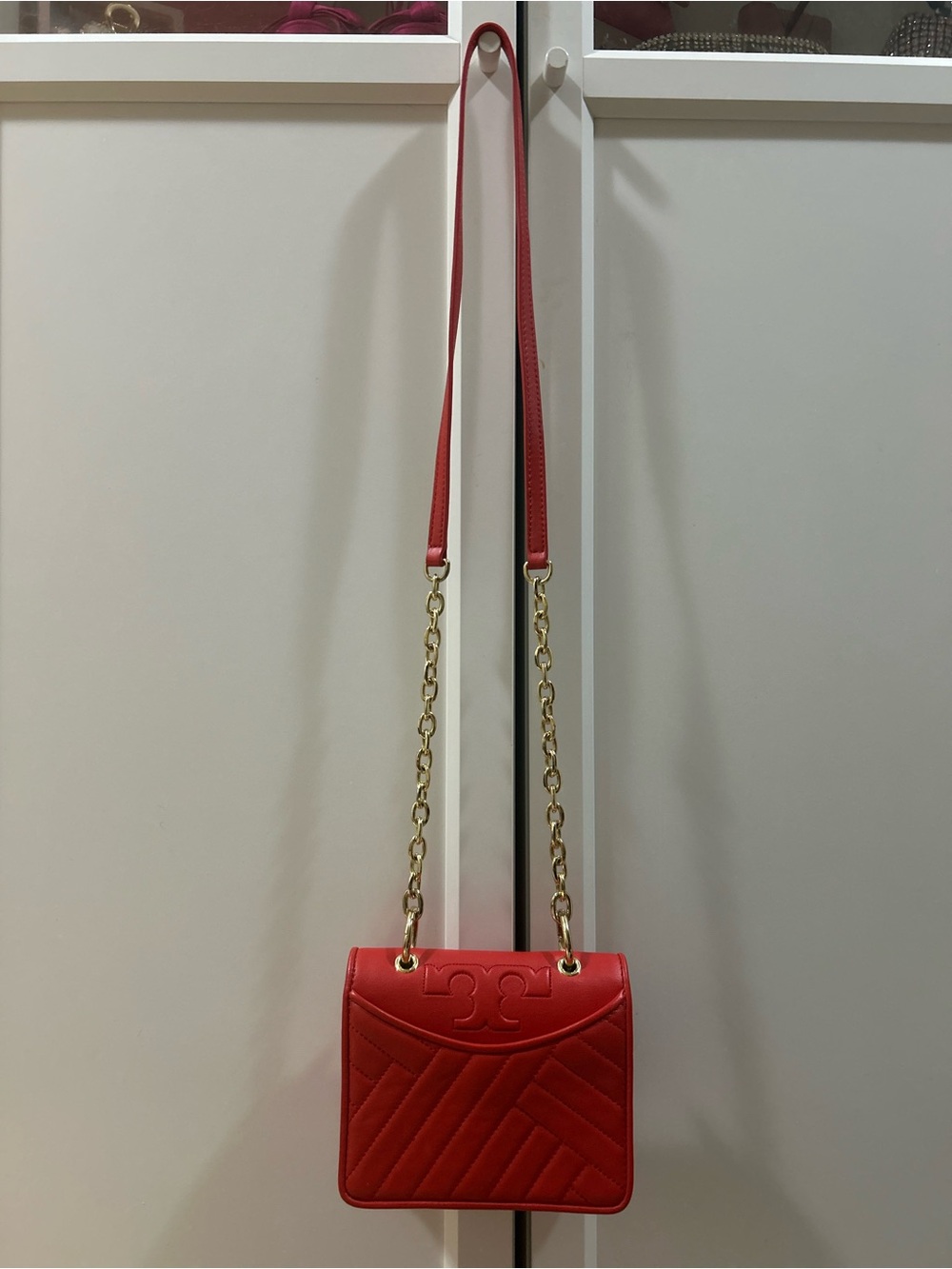Tory Burch Red Quilted Crossbody Bag with Gold Chain Strap Mini